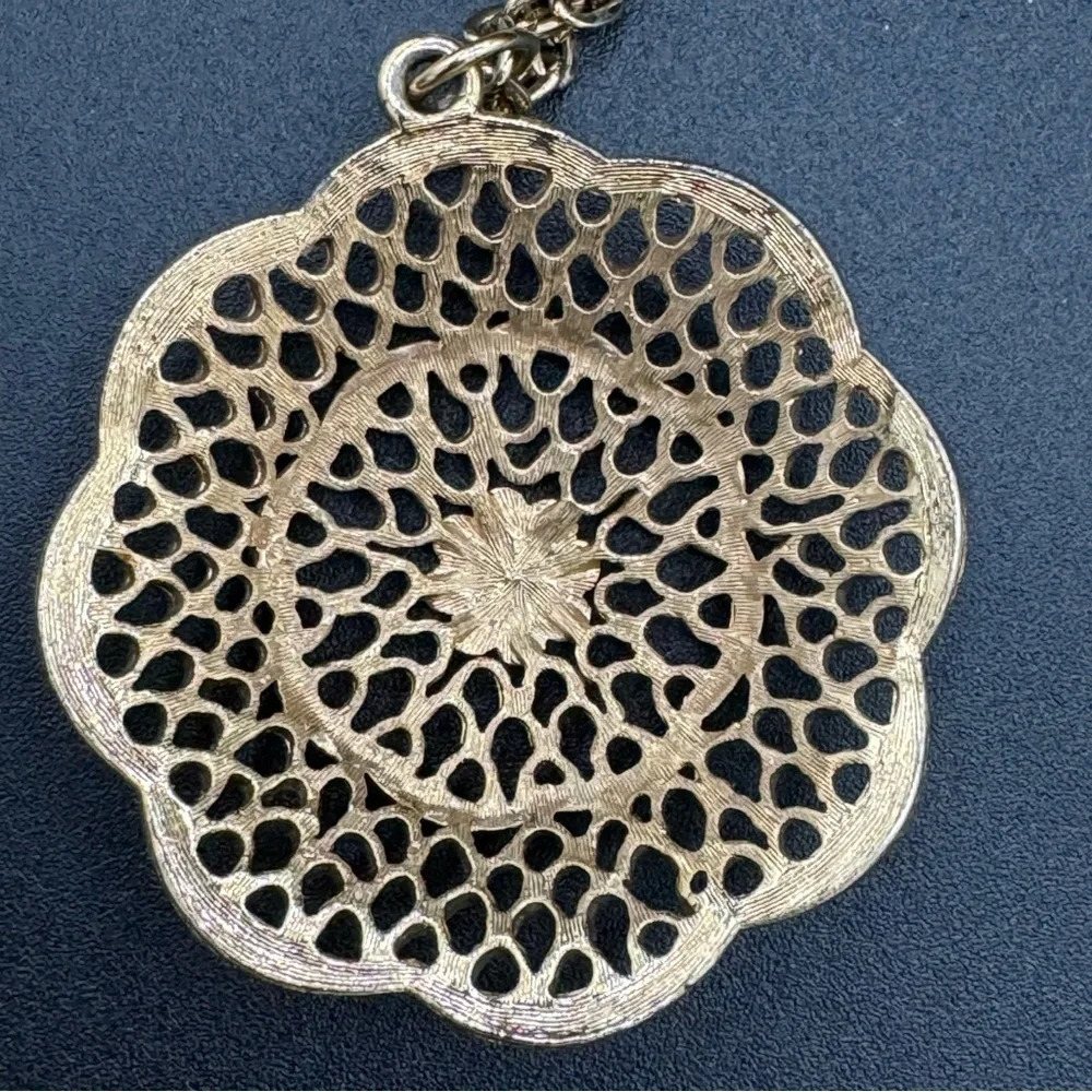 Vintage Multilayer Intricate Gold Tone Necklace with Large Pendant - Picture 9 of 16